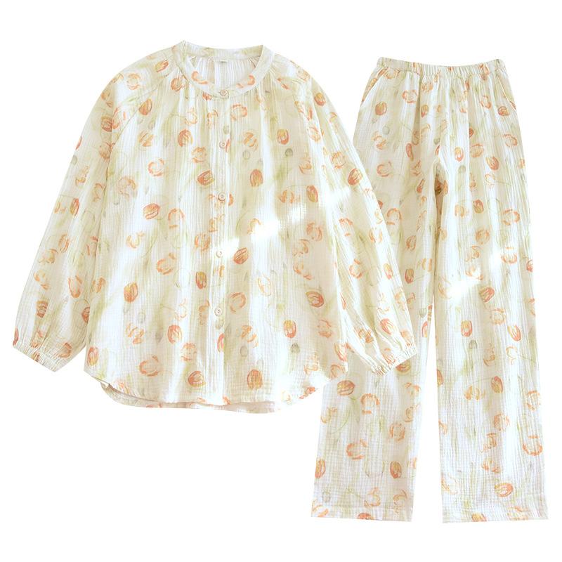 Весенне-осенний женский пижамный комплект из 100% хлопкового крепа с длинными рукавами и длинными брюками, комплект из двух предметов, воротник-стойка, домашняя одежда