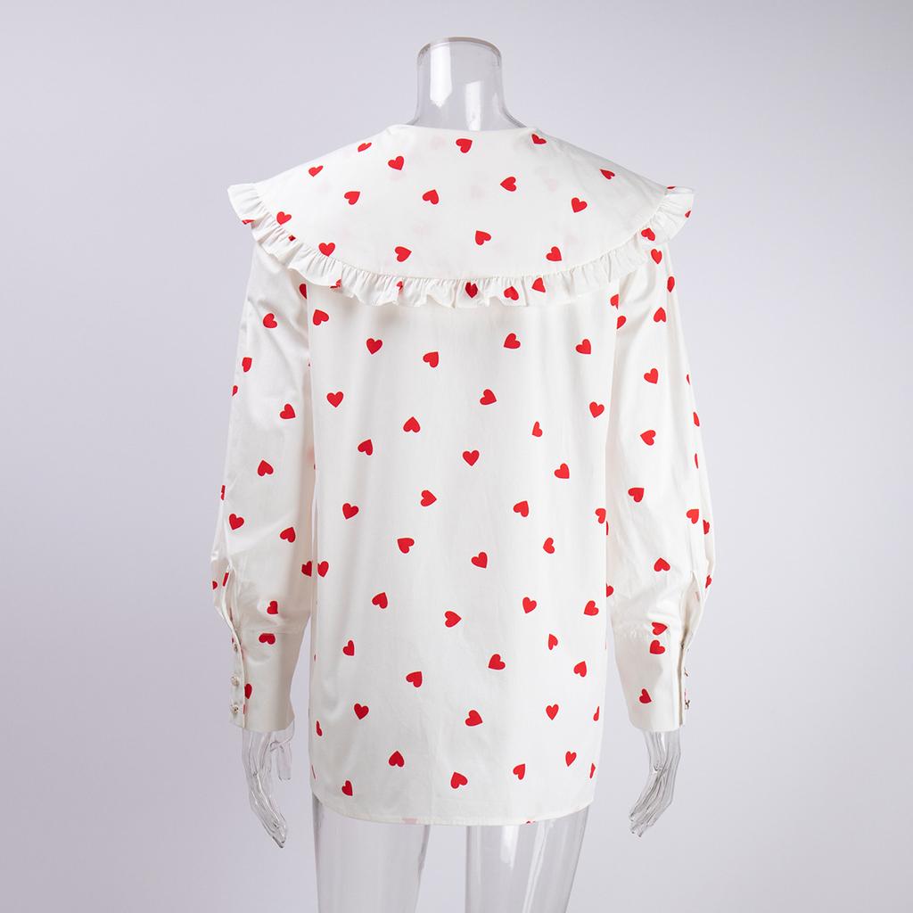 Spring and Autumn Women's Cotton Shirt Love Printed Shirt Doll Collar Lantern Sleeve Shirt