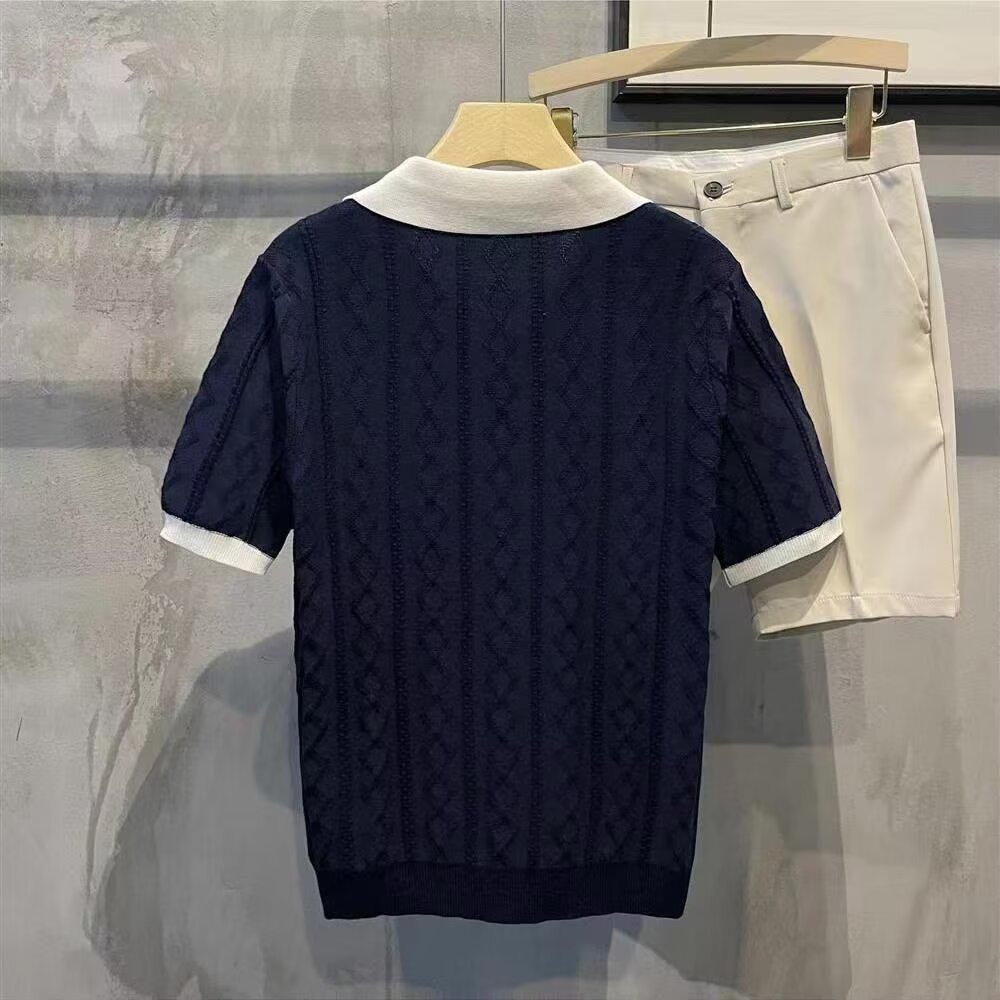 Мужская летняя трикотажная рубашка-поло Slim Fit - корейский стиль, короткий рукав, чистый цвет, Ice Silk с повседневным лацканом