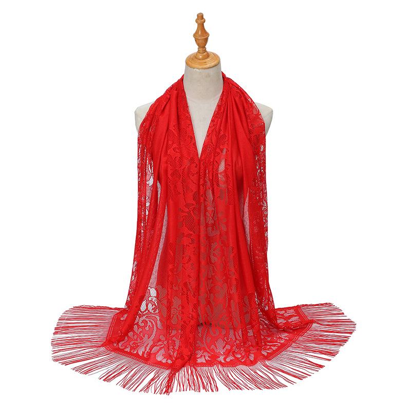 Кружева ажурный шелковый хиджаб шарф с кисточками - однотонная шаль для женщин
