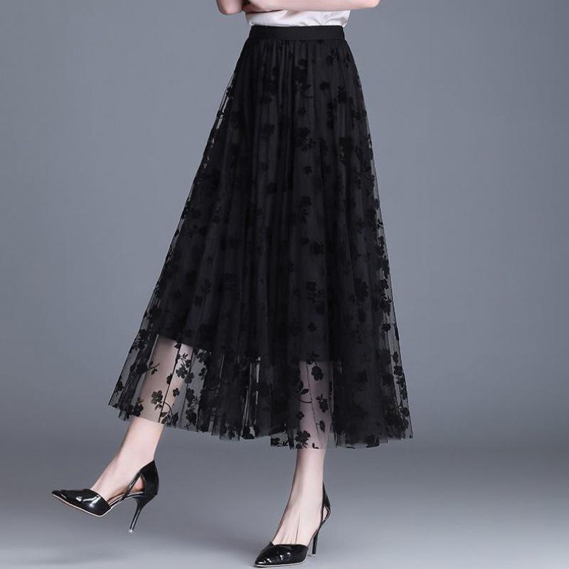 Korean Women Mesh Skirt Fashion Hook Flower Loose Midi Skirt Elegant Female Casual All Match Skirts Summer
