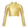 Girls Figure Skating Outfit Mock Neck Long Sleeve Sequin Shiny Crop Top Metallic Striped Pants Dance Costume