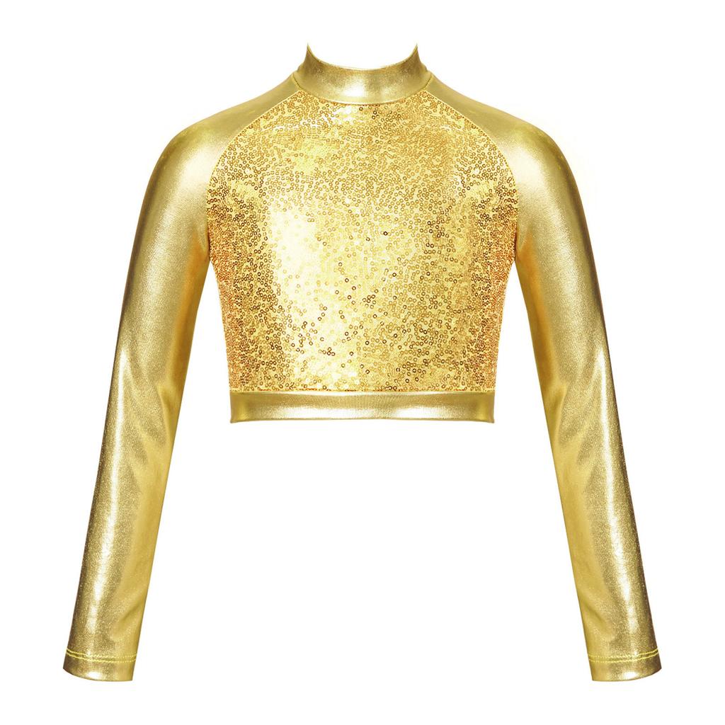 Girls Figure Skating Outfit Mock Neck Long Sleeve Sequin Shiny Crop Top Metallic Striped Pants Dance Costume