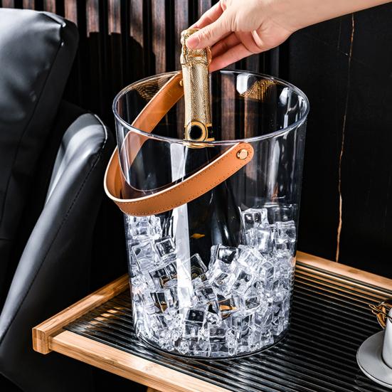 Clear Ice Bucket Cocktail Glass Chiller with Faux Leather Handle