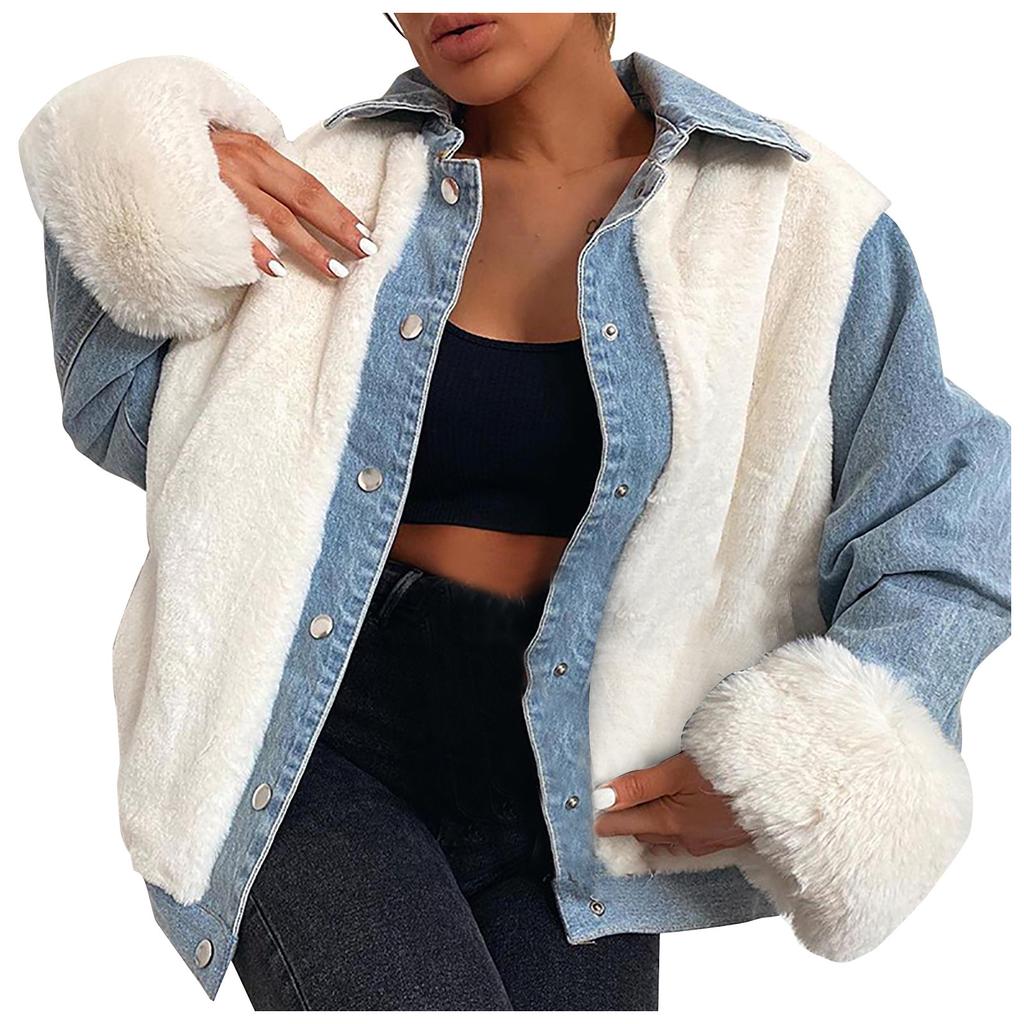 Fashion Women Casual Plush Patchwork Cardigan Outerwear Denim Jacket Coat