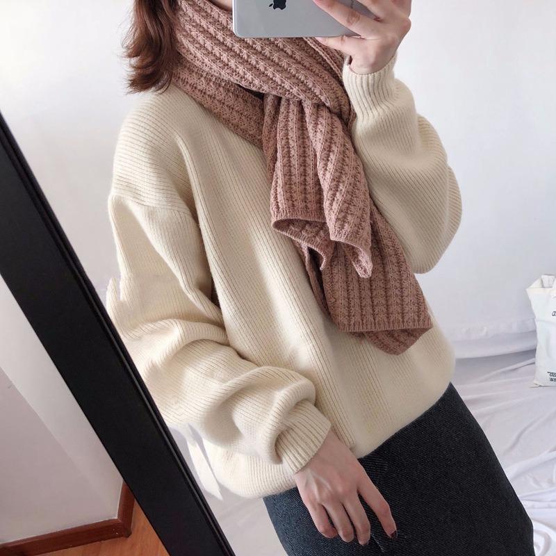 Coarse Knitted Scarf Women's Winter Korean Versatile Thick Warm Scarf Student Solid Color Scarf