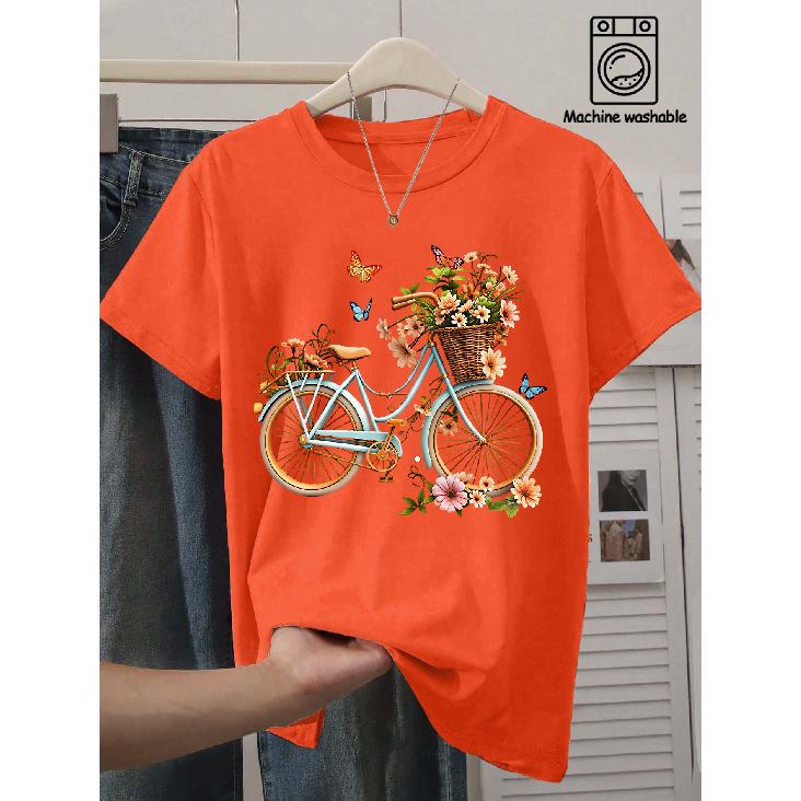 Elegant short-sleeved gift for women Flower Basket Bicycle Butterfly Pastoral Watercolor Print Pattern Vintage Round Neck T T-shirt Loose Top