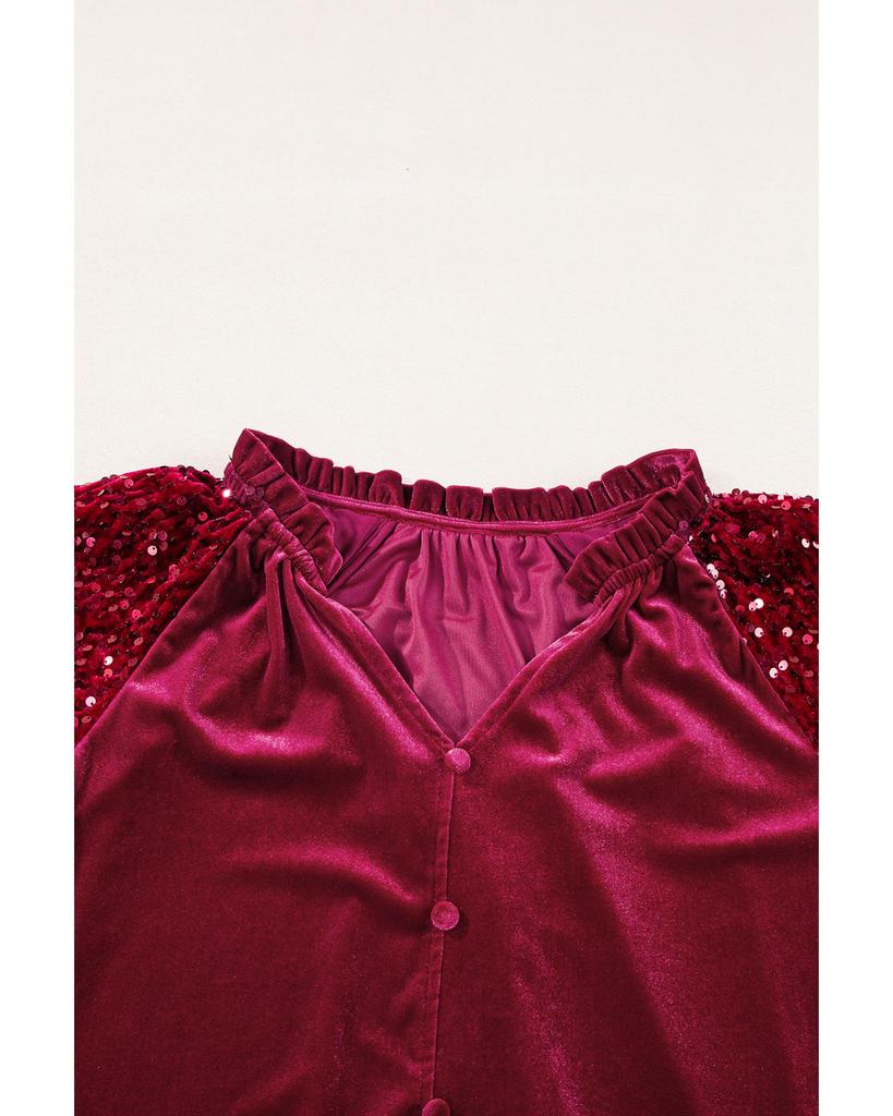 Azura Exchange Red Dahlia Sequin Patchwork Sleeve Button Up Velvet Top