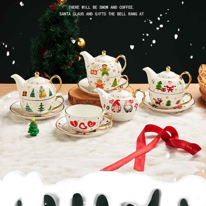Christmas Ceramic Gold-plated Teapot Cup and Saucer Set Nordic Style Gold Plating Mug Handle Gift Box Teaware Sets Xmas Gifts