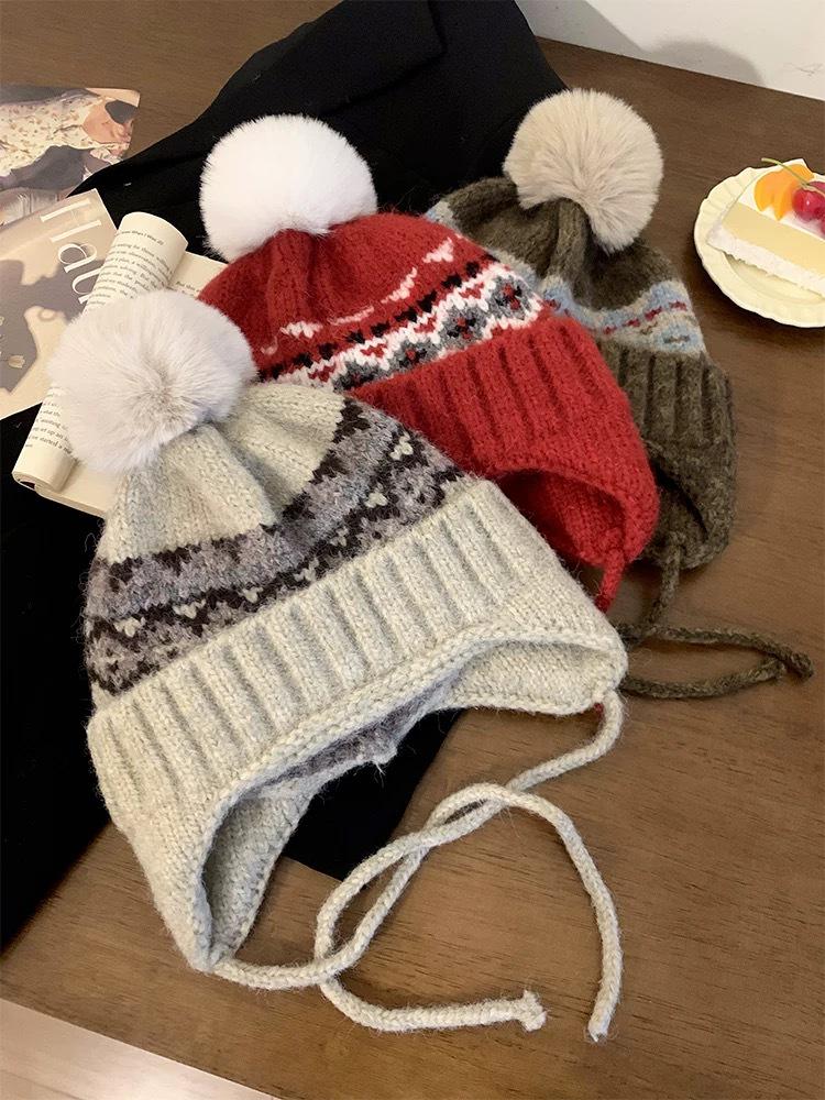 Женская вязаная шапка-бини с ушками в стиле Fair Isle - Теплая толстая шапка для осени и зимы