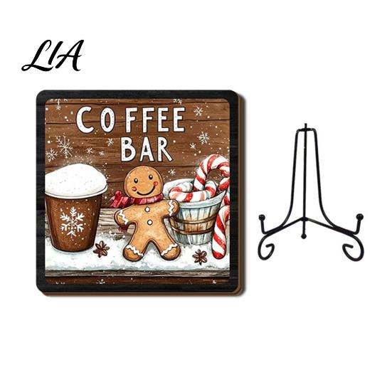 Wooden Santa Sign Christmas Tabletop Decor, 2D Pet Ornament with Iron Stand, Rustic Table Centerpiece Holiday for Home And Cafe Festive Shelf,
