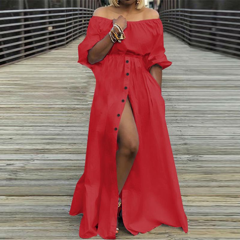 Womens Fashion Off The Shoulder Elegant Long Dress Halff Lantern Sleeve Buttons Slit Party Casual Maxi Dresses