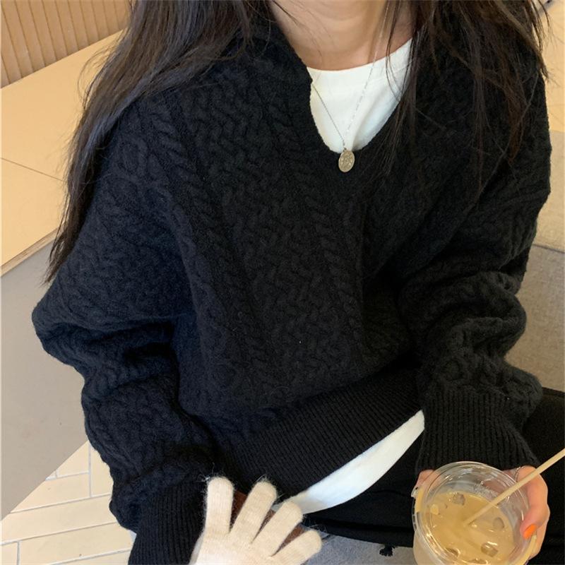 Свитер с V-образным вырезом средней длины с косами женский однотонный свободный женский вязаный свитер большого размера