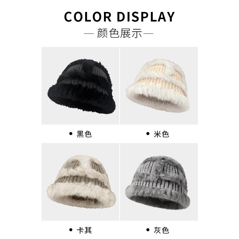 Женская шапка из кроличьего меха, осенне-зимняя, универсальная, утолщенная, плюшевая, вязаная шапка, защита от холода, маленькая шляпа-ведро, теплая шерстяная шапка