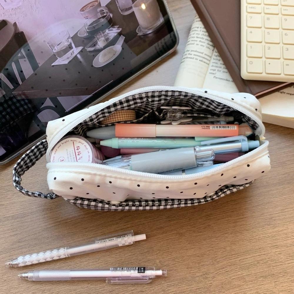 Polka Dot Star Plaid Cloth Pencil Case Large Capacity Pen Storage Bag Handheld Pencil Bag  Student