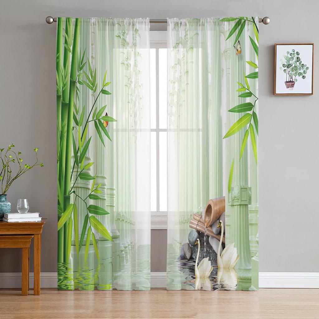 Zen Stones Orchids Flower Green Bamboo Tulle Curtains for Living Room Bedroom Decor Transparent Sheer Voile Window Curtain