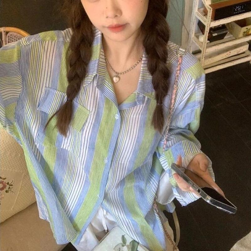 Женская рубашка в разноцветную полоску, отложной воротник, нагрудный карман, блузка с цветовыми блоками, длинный рукав, корейский стиль, весенняя новая версия, свободный повседневный топ для женщин