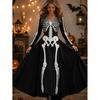 Halloween Long A-Line Dress Vintage Bohemian Style Skull Print V-Neck Full Sleeve Party Wear