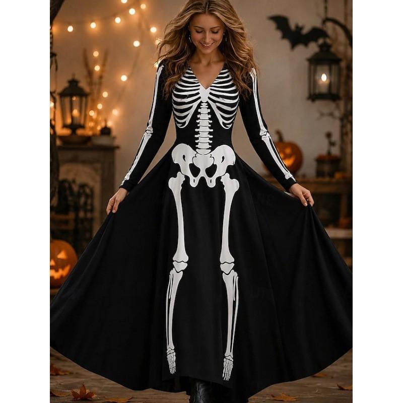 Halloween Long A-Line Dress Vintage Bohemian Style Skull Print V-Neck Full Sleeve Party Wear