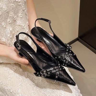 Мода Мода Поинт Мелкий Вырез Тонкий Каблук Сандалии Лето Новые Голова Бао Заклепки Металлическая Пряжка Противоскользящие Износостойкие Обувь на Низком Каблуке