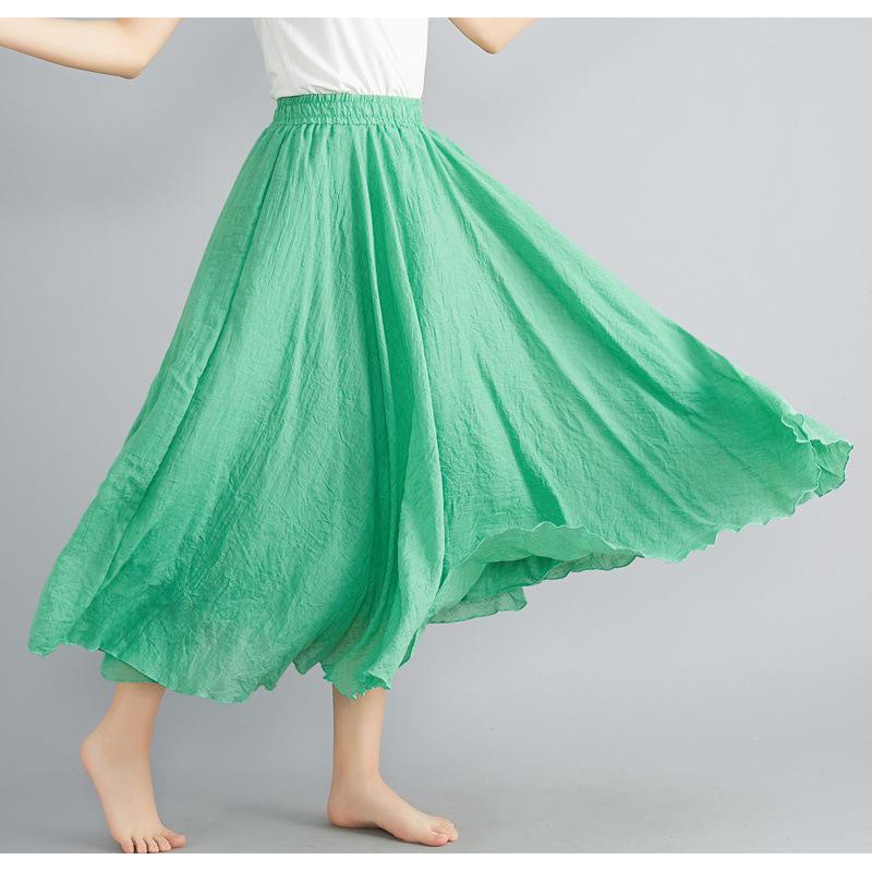 Mori Girl Plus Size Cotton Linen Midi Skirt - Elastic Waist, A-line, Solid Color, Ethnic Style, Long Length