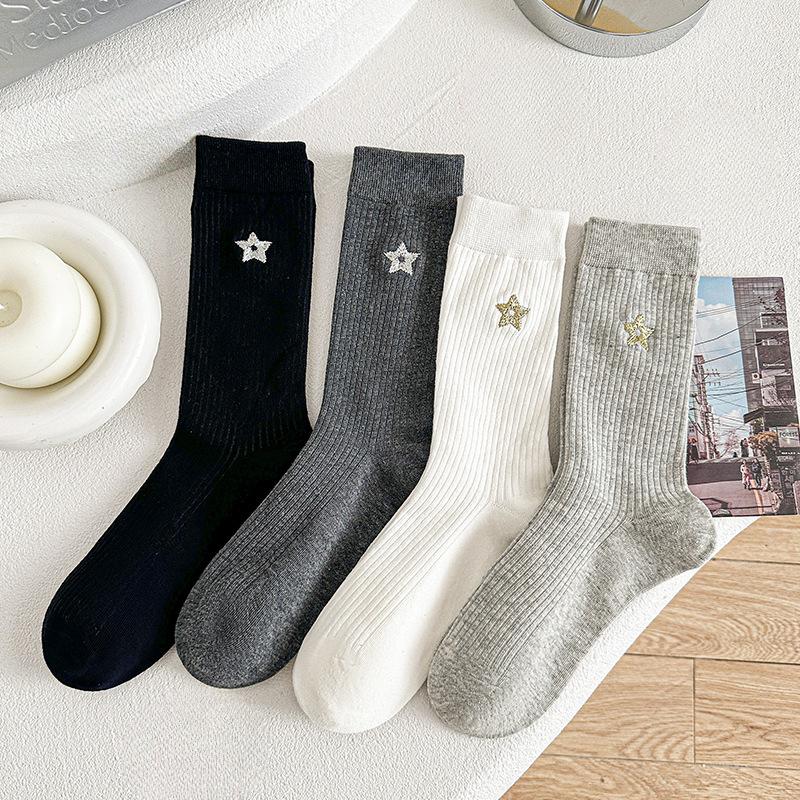 Dui Dui Socks Women's Spring Five-pointed Star Embroidered Mid-calf Socks Pull A Long Calf Sock