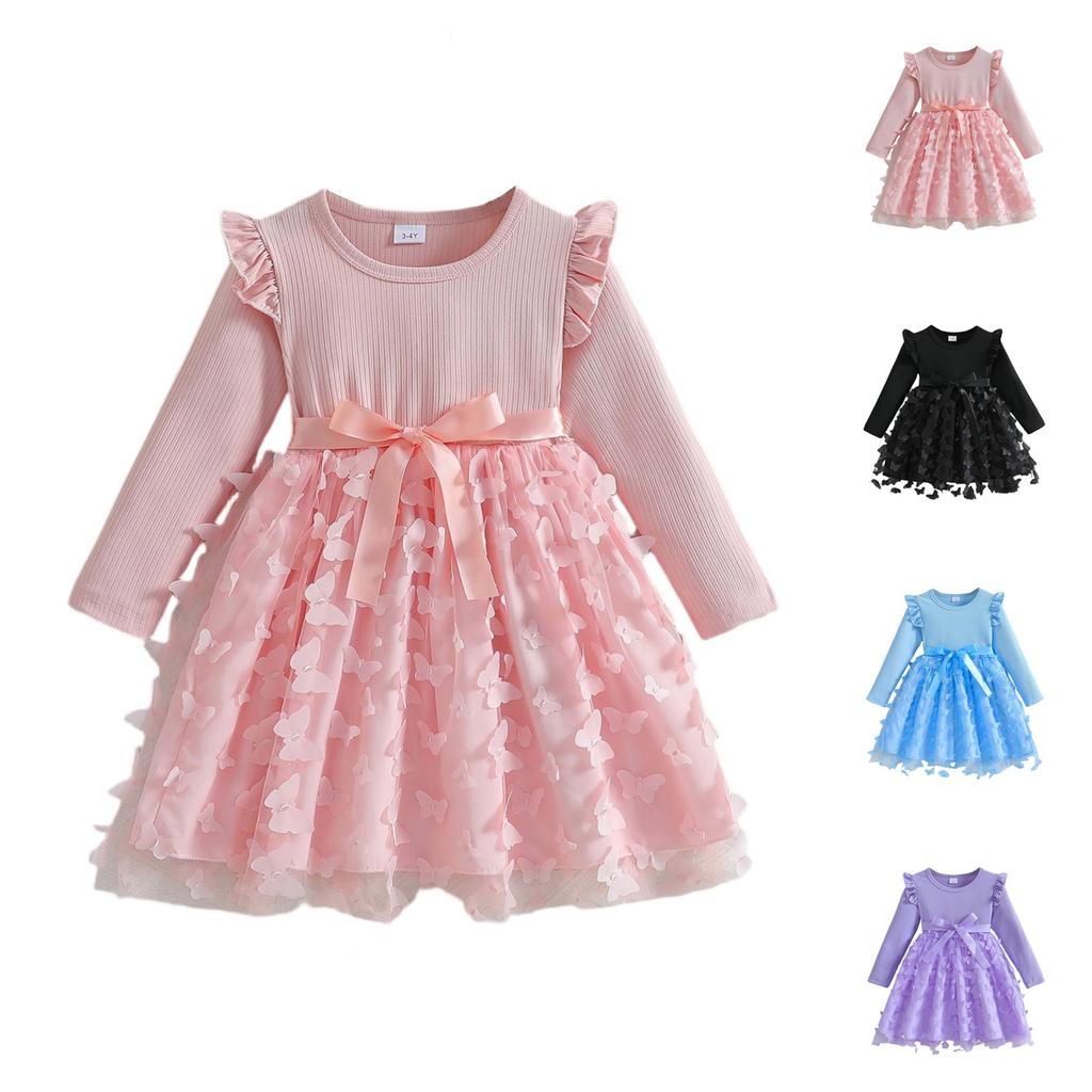 Girls' 3D Bow Dress - Long Sleeve Tulle Belted Gown