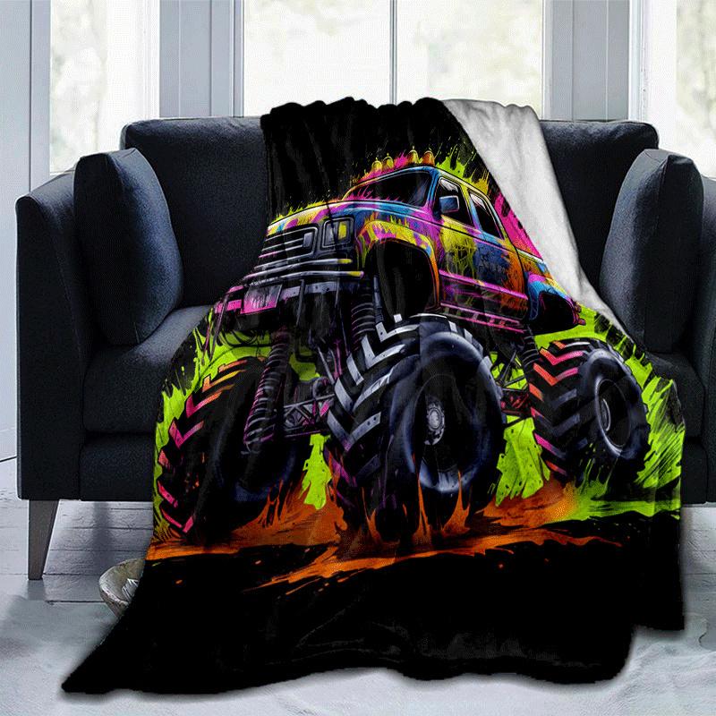 1pc Colorful Truck Printing Lightweight Flannel Blanket, Comfortable and Warm Blanket, for Camping Sofa Bed and Couch Office, Suitable for Gi
