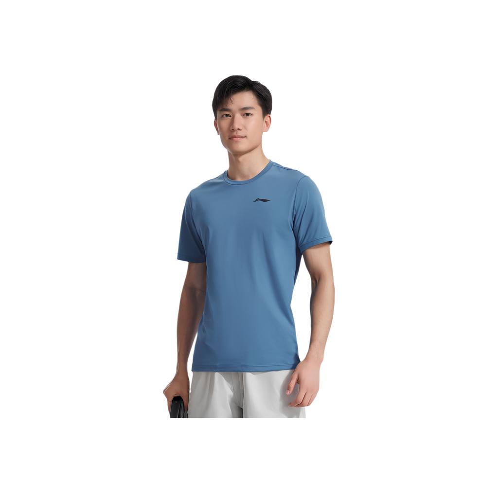 Футболка Li Ning Fitness Series с круглым вырезом, однотонная, удобная, универсальная, дышащая, повседневная, с коротким рукавом, мужские футболки Paris-Blue ATST023-2