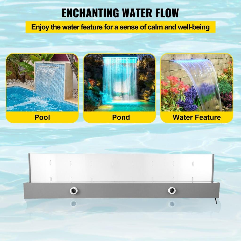 Fountain Spillway 36.2x3.2x8.1 Inch, Pool Waterfall Fountain 17 Colors Led, Pool Water Fall Kit With Remote, Pool Spillway Solid Acrylic Pool