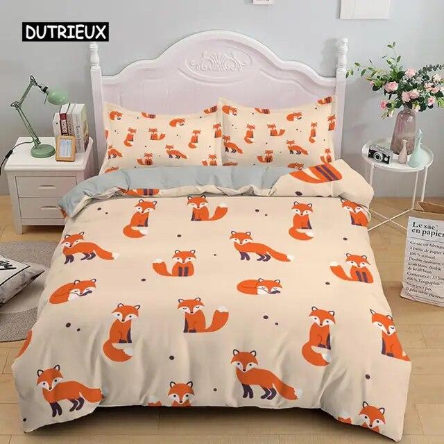 Пододеяльник с рисунком лисы, короля, королевы, комплект постельного белья с милым оранжевым животным и цветочным принтом для детей, для девочек, с цветами и растениями, 2/3 шт., полиэстер, пододеяльник, комплект из трех предметов