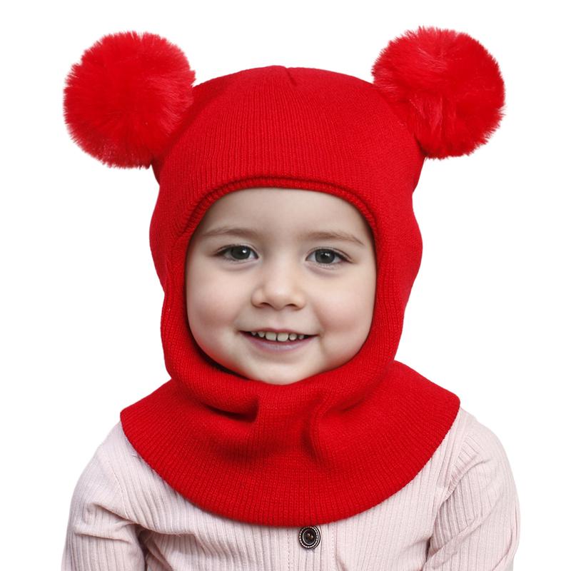 Pompom Baby Winter Hat Scarf One-piece Kids Knitted Beanie Warm Ears Neck Children Bonnet Infant Cap for Girls Boys 1-5Y