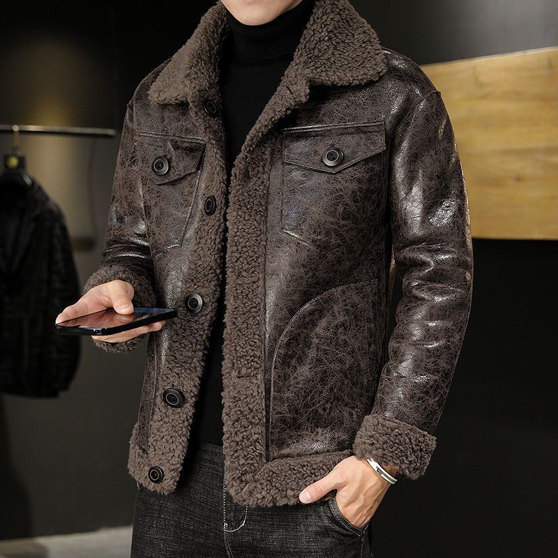 Зимняя мужская меховая цельная куртка с овечьей шерстью, двусторонний лацкан, приталенный топ