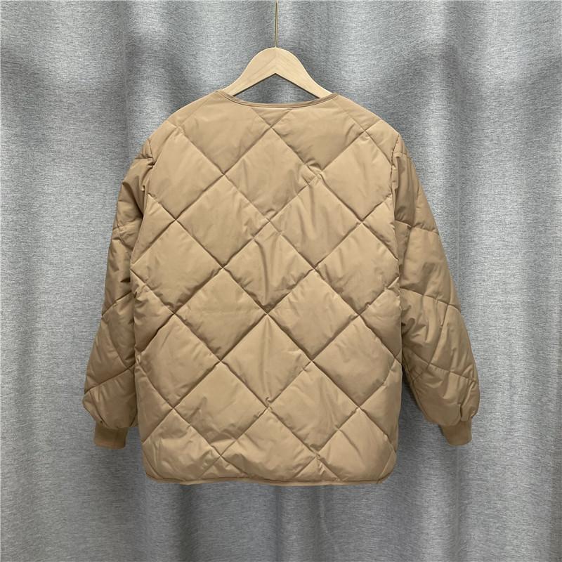 Women Fall Winter White Duck Down Jacket Coat Padded O-Neck Single-breasted Full Sleeve Pocket Lingge Thin Solid Color