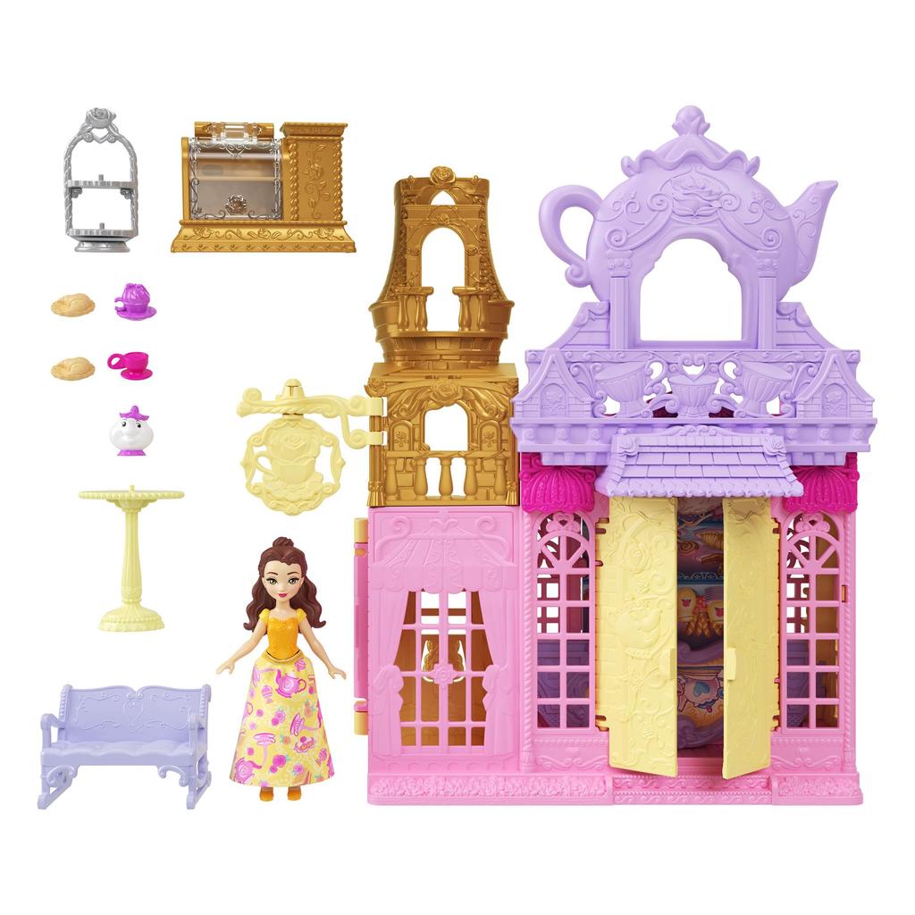 Mattel Disney Princess Tea Shop Castle Mini Playset with 1 Mini Ages Yellow JLT63 Belle's (Stackable Series! Doll) Doll, 3+,