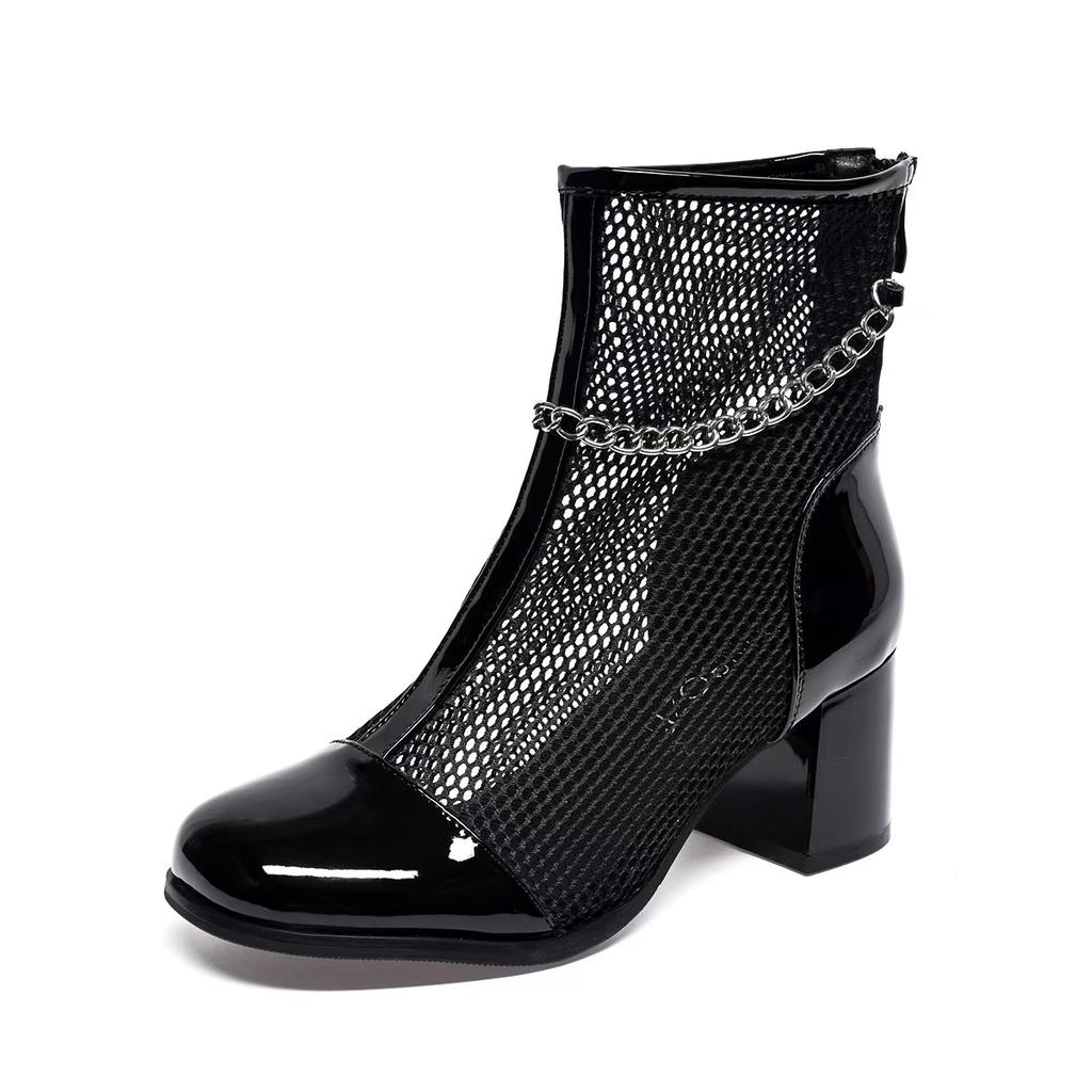 Cool Boots Women's Spring and Summer Black Thick Heel High Heel Fashion Shoes Niche Personality Hollow Chain Shoes