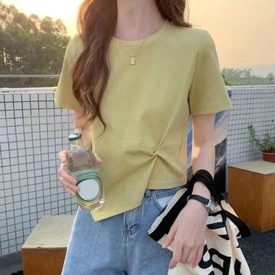 Женская футболка с нерегулярным подолом, сплошной цвет, декор с узлом, круглая шея, короткая