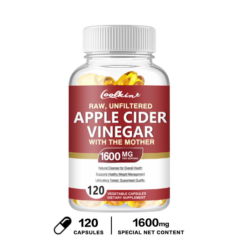 Coolkin Raw Unfiltered Apple Cider Vinegar with The Mother Capsules 1600mg 120 Count
