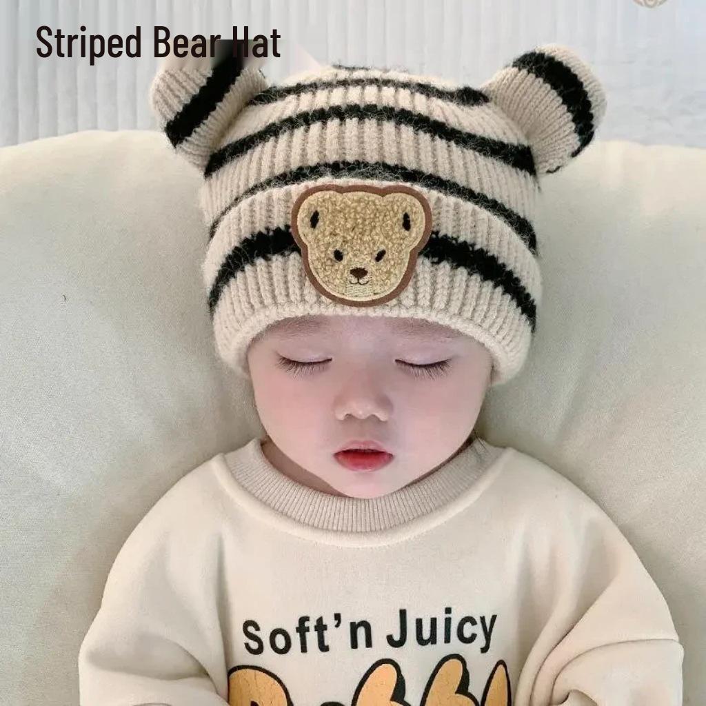 New Customer Special: Adorable Striped Bear Knit Hat for Baby Boys - Cozy Winter Wool Cap