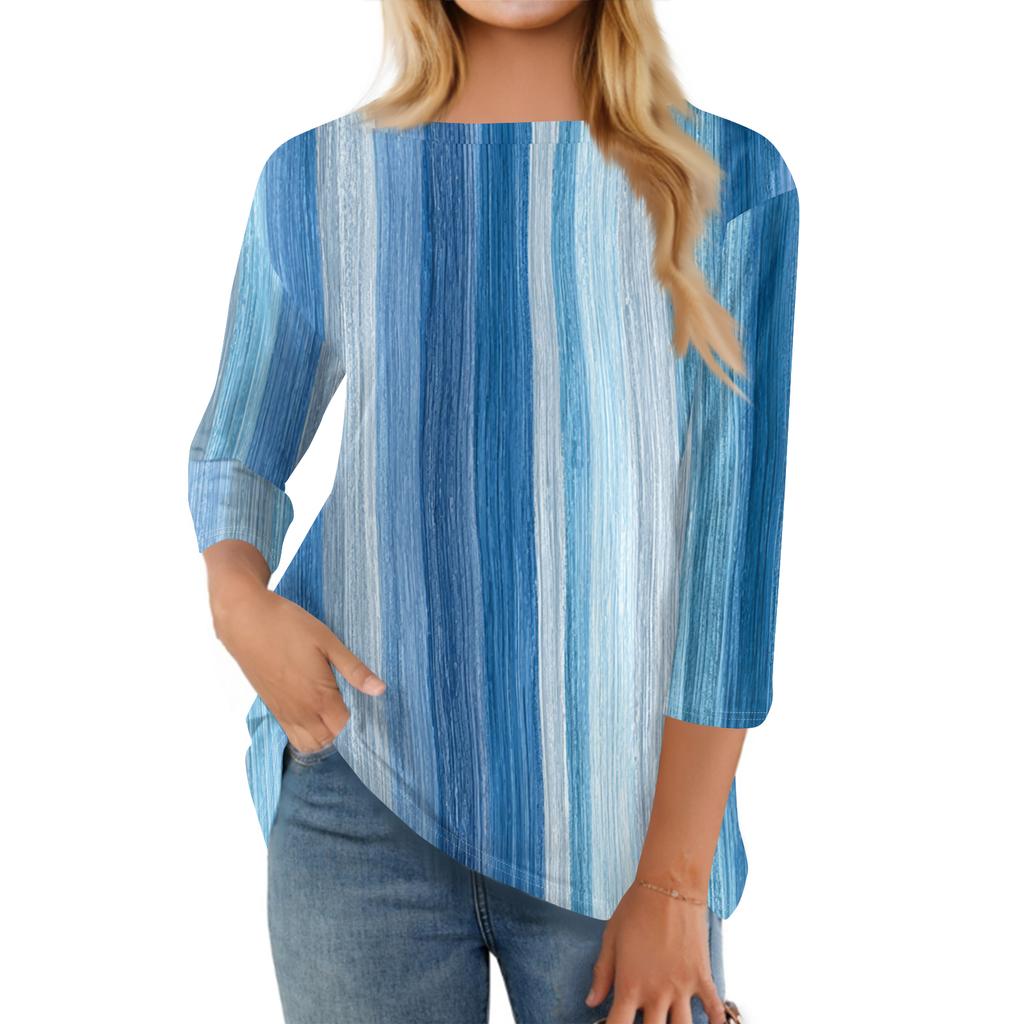 Женская модная повседневная футболка с круглым вырезом, рукавом три четверти и градиентным принтом