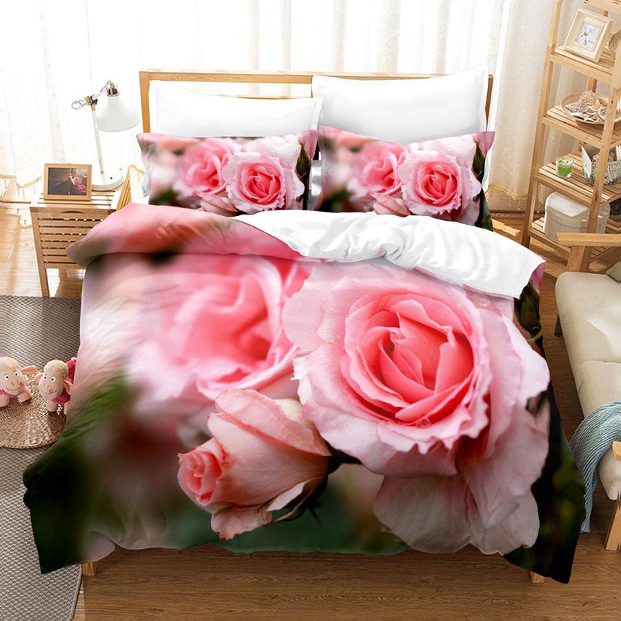 Pink Flower Duvet Cover and Pillowcases Set King Size 220x240 Double Bed Single 3D Queen Bedding Sets Pink Full Twin Quilt Linen