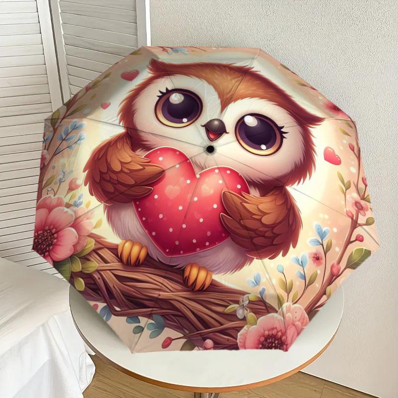 1pc Cute Owl Holding Heart Umbrella with Plastic Handle,Suitable for All Seasons Home Travel Outdoor UmbrellaDD312