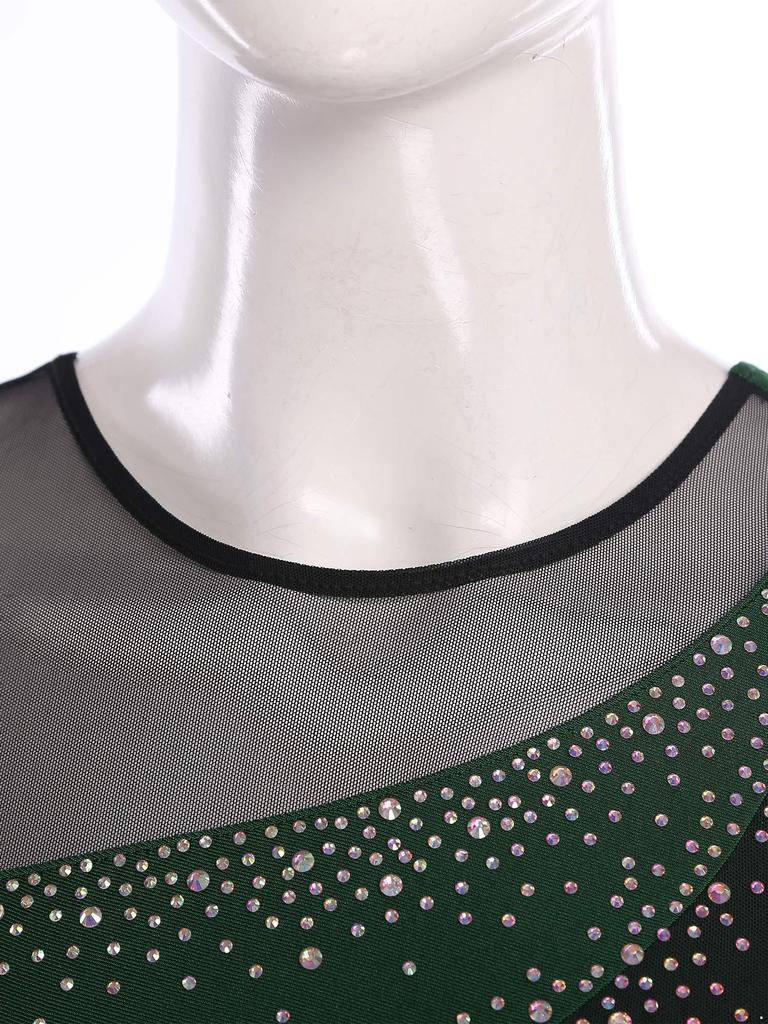 Womens Figure Skating Dress Contrast Color Rhinestones Gradient Mesh Skirt One Piece Leotard