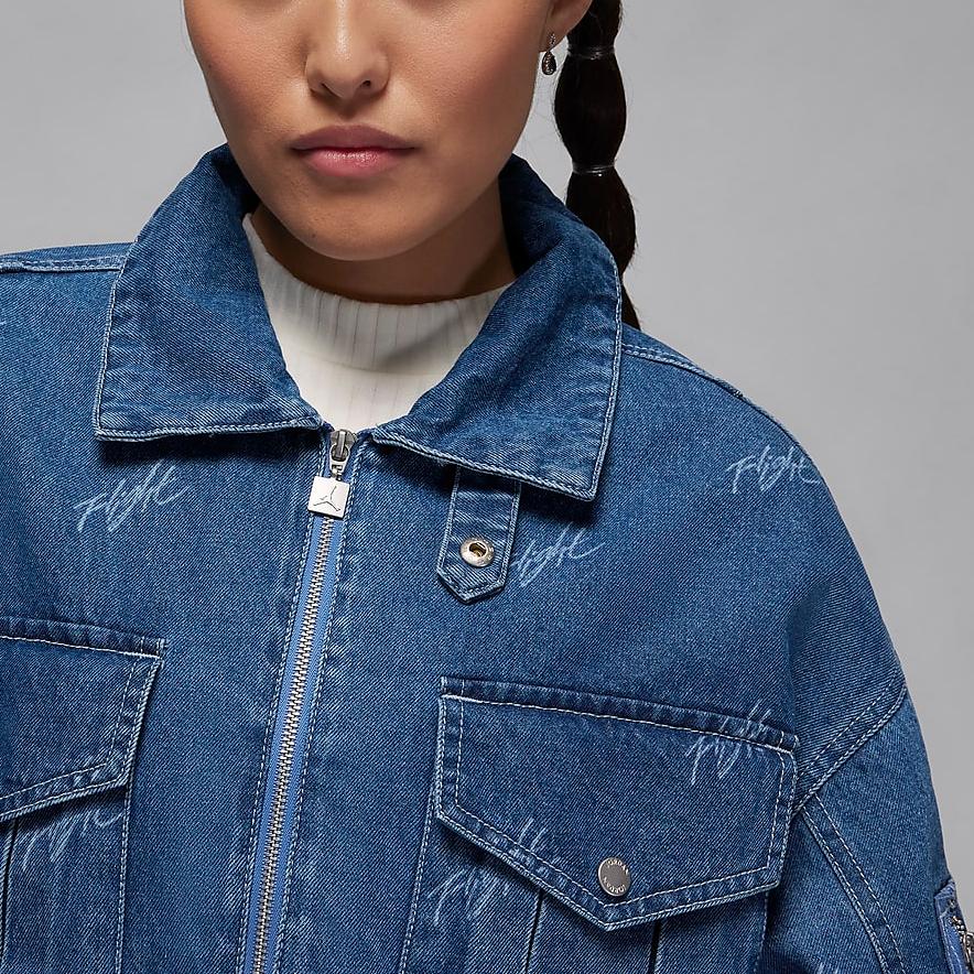 Jordan SS24 Flight Series Renegade Повседневная джинсовая куртка с отложным воротником и полным принтом на молнии Женская куртка каменно-синего цвета FN5354-453