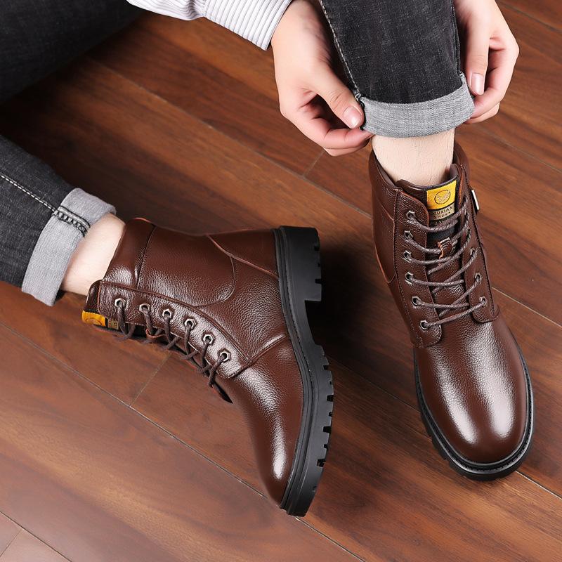 Cowhide and Fleece Martin Boots Men's Shoes Wool Cashmere British Casual Northeast High-top Cotton Shoes Leather Boots Men's Shoes Cargo Boots