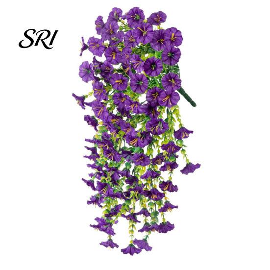 Water-free Flower Decor Artificial Flowers for Outdoor, Fake Hanging Morning Glory with Eucalyptus Leaves, UV No Maintenance Resistant Faux