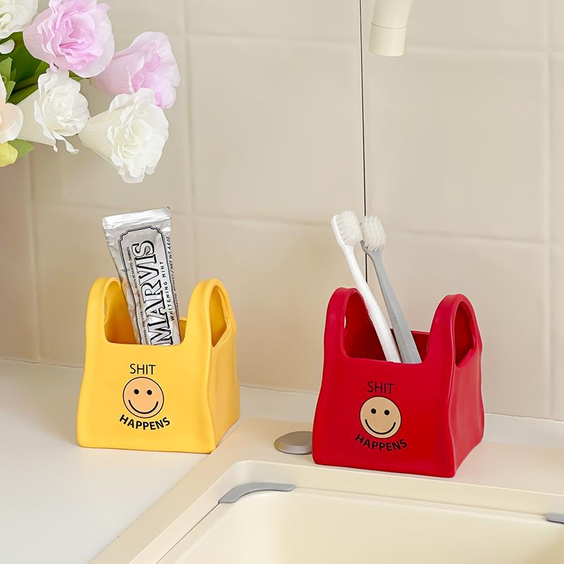 Creative Cute Tote Bag Smiling Face Pen Holder Home Office Desktop Decoration Ornament Stationery Multifunctional Storage Bucket