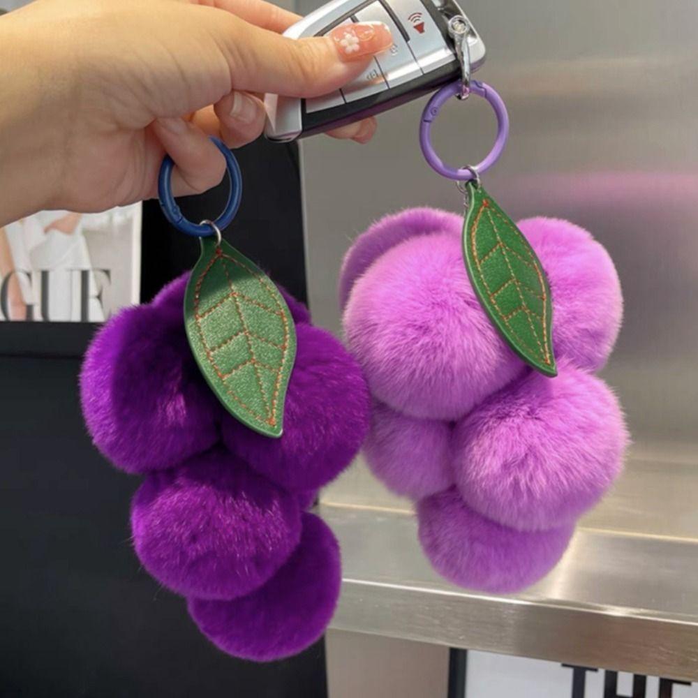 2Pcs Soft Plush Furry Grape Key Chain Charm Decor Rex Rabbit Fur Fruit Keychain Pendant Car Keychain Cute Pompoms Keyring Purse