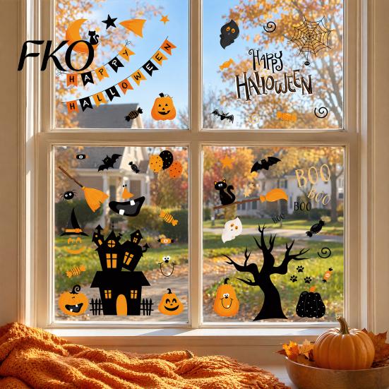 Non-adhesive Glass Stickers 4 Sheets Halloween Electrostatic Stickers, Cartoon Pumpkins Castle Bats Window PVC Waterproof Static Clings for