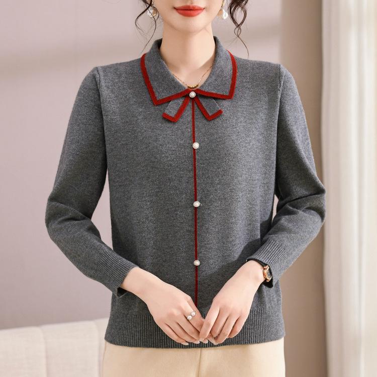 Mom's Autumn Clothes New Early Autumn Lapel Sweater Spring and Autumn Long-sleeved Knitted Bottoming Shirt Women's Top